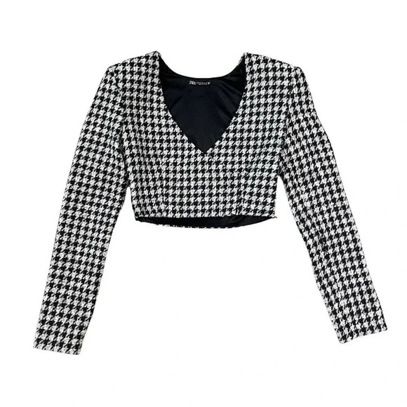 Zara Black White Houndstooth Tweed Cropped Faux Wrap Long Sleeve Top Size XS - Picture 2 of 8